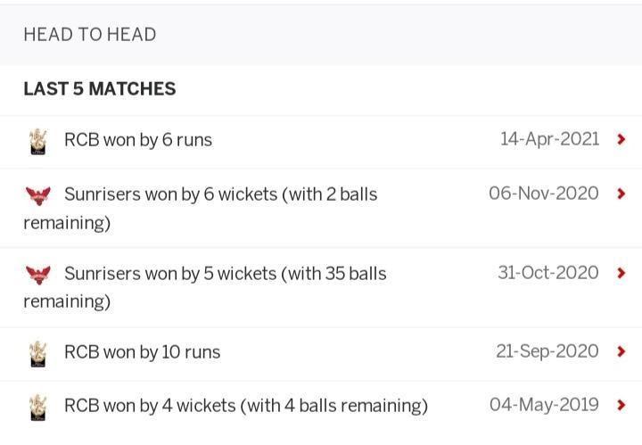 Royal Challengers Bangalore vs Sunrisers Hyderabad, October 6, IPL 2021